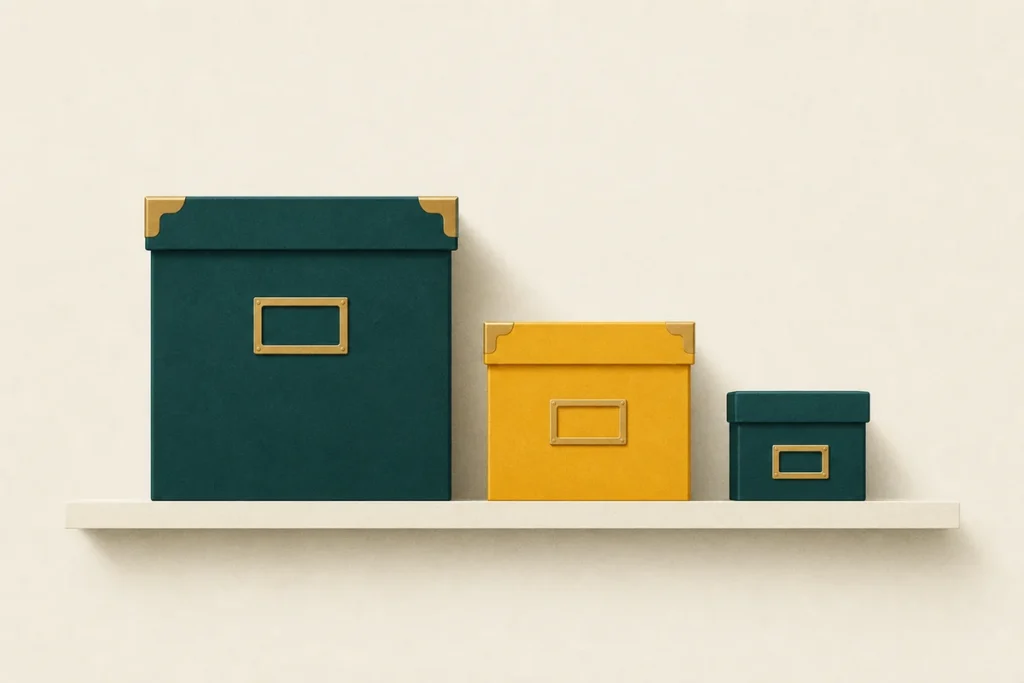 Three archive boxes of different sizes side by side, comparing formats