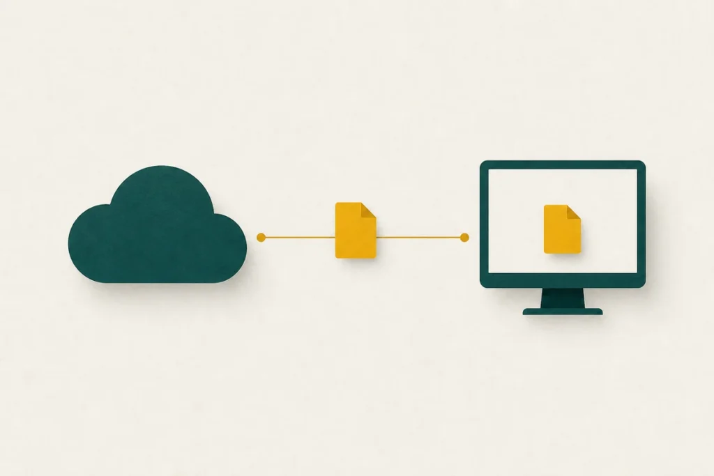 A cloud and a desktop monitor with a file moving between them