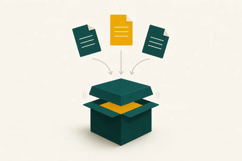 Files gathering into one archive box, illustrating zipping files