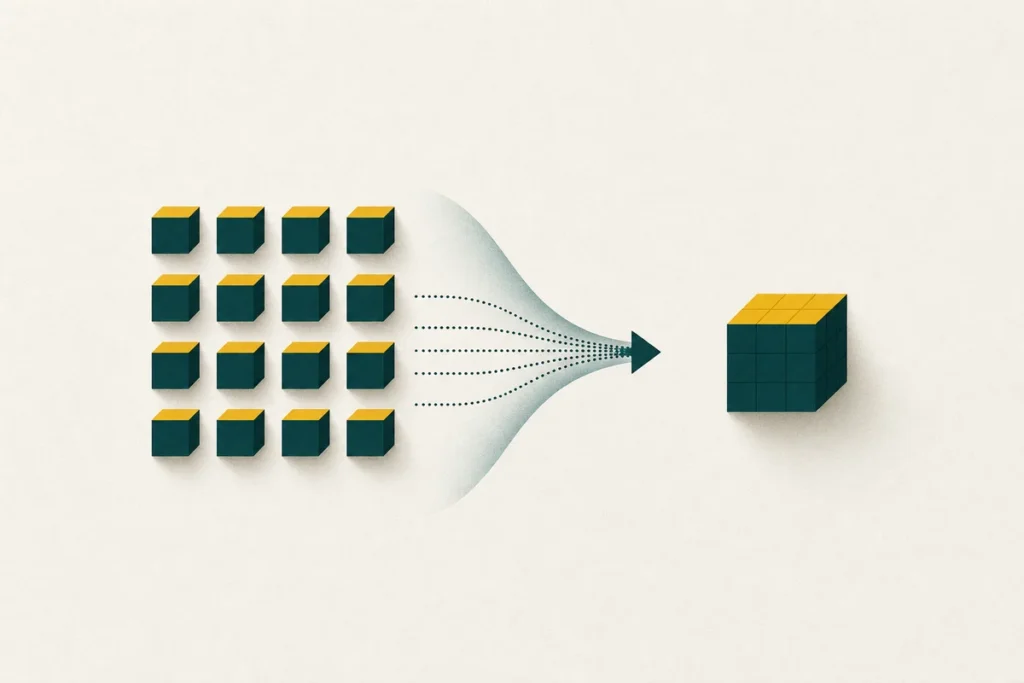 Identical blocks collapsing into one compact block, illustrating file compression